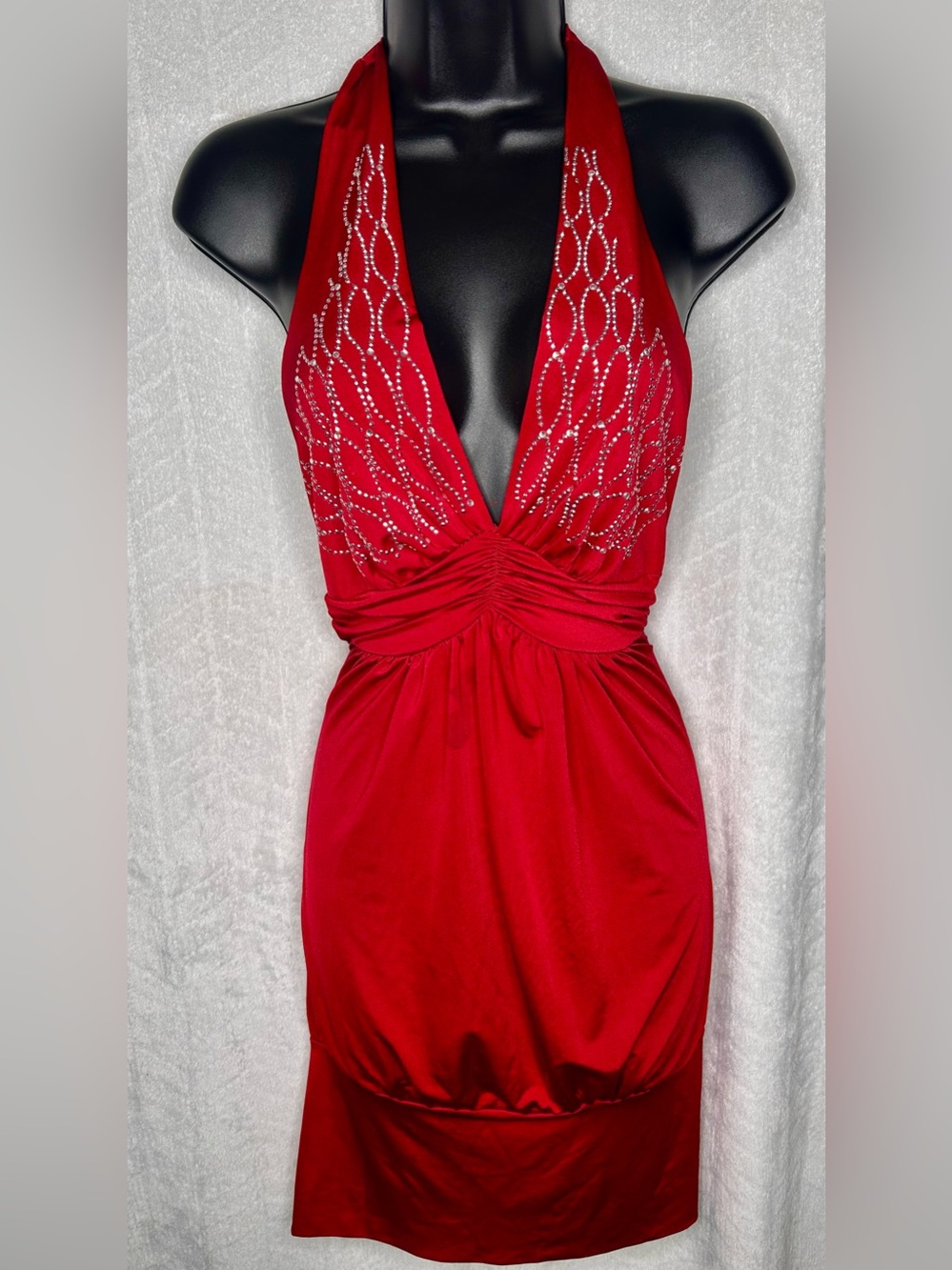 Red Rhinestone Halter Evening Dress